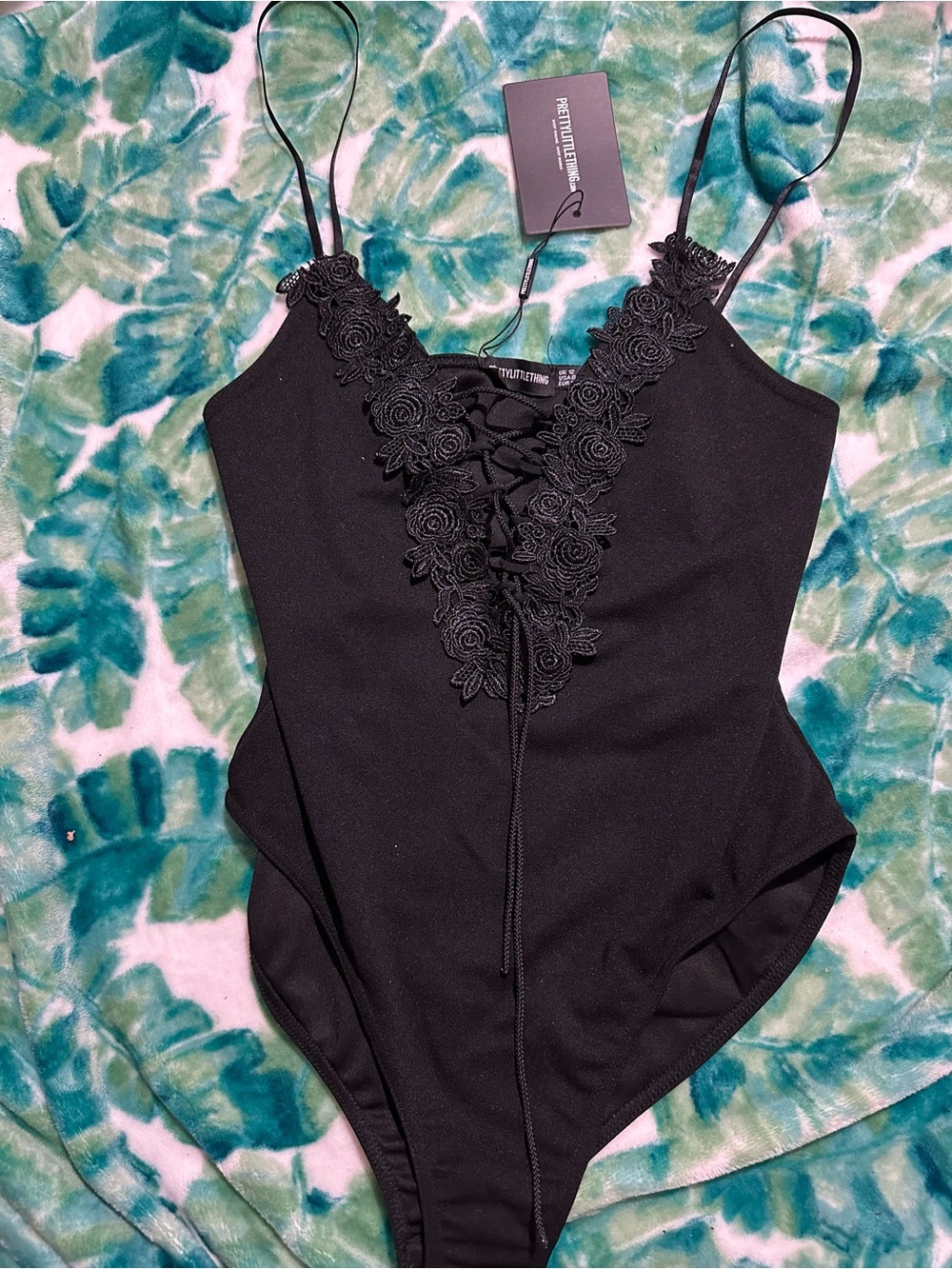 PrettyLittleThing Black Crochet Lace Detail Lace Up Thong Bodysuit,UK12,USA8,New